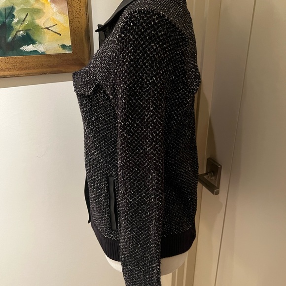 Rag & Bone button up black and white knit jacket with leather collar and cuffs - Picture 6 of 13